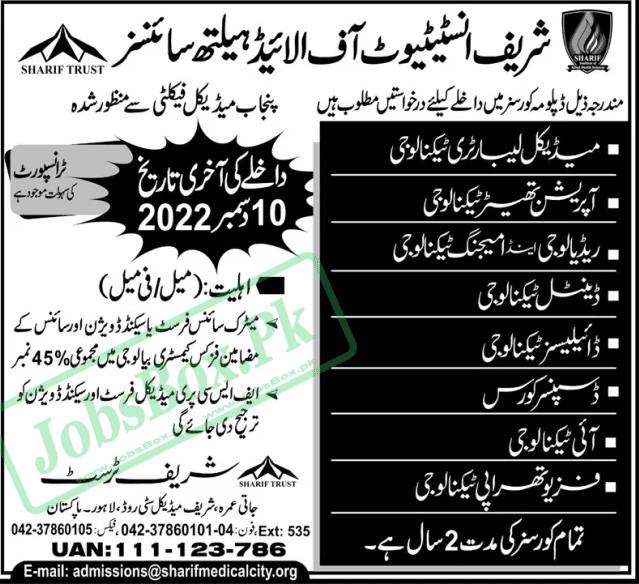 Sharif Institute Of Allied Health Sciences Admissions 