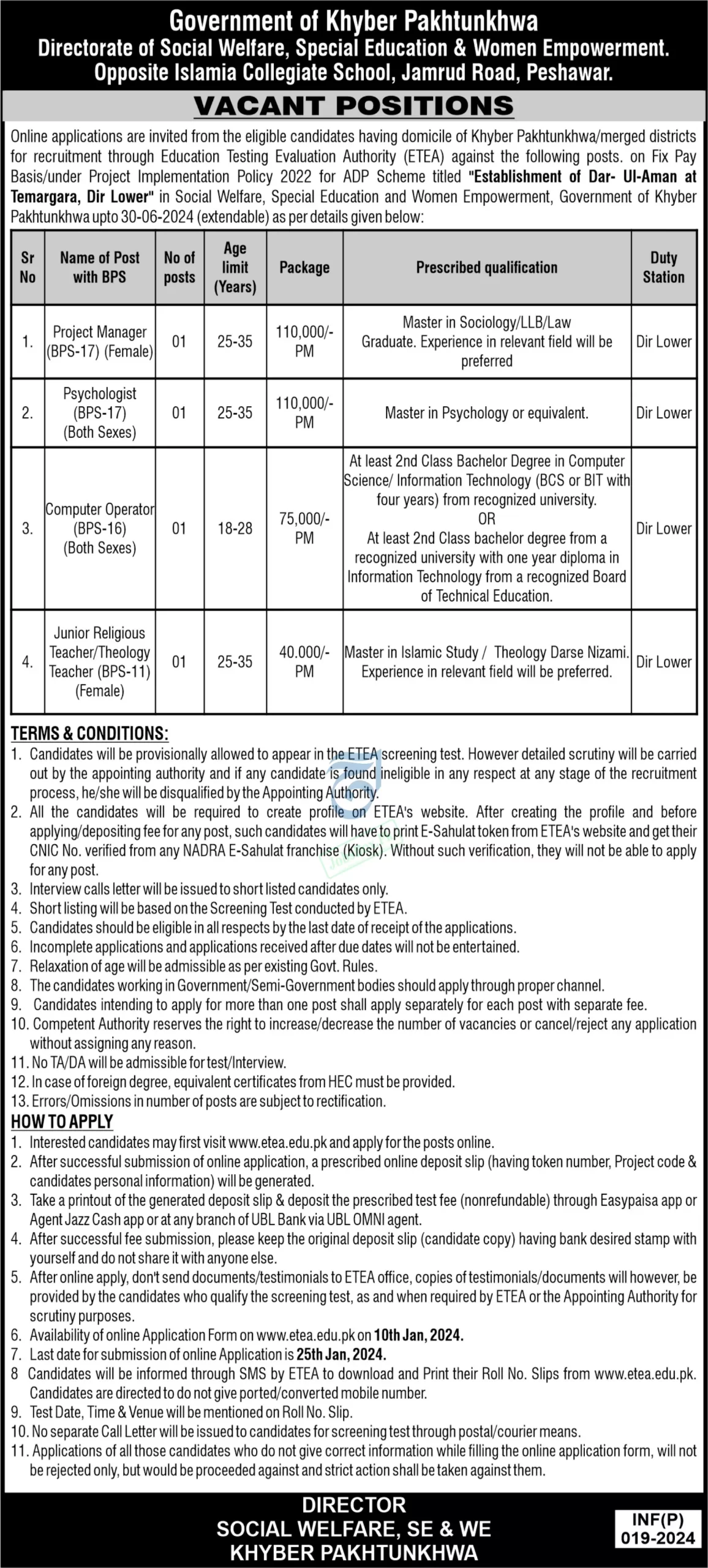 Social Welfare, Special Education & Women Empowerment KPK Jobs 2024