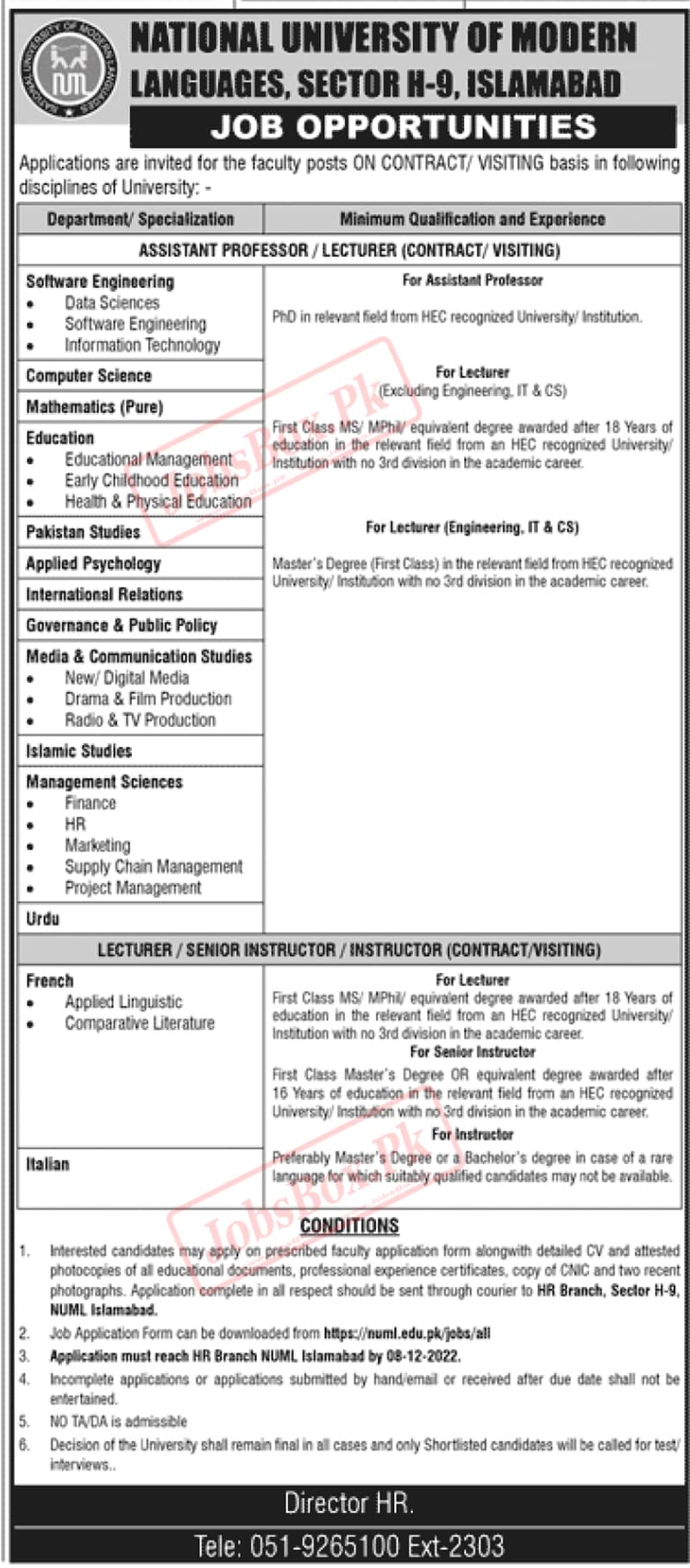 Teaching Staff Required at NUML Islamabad - Employment Form Download