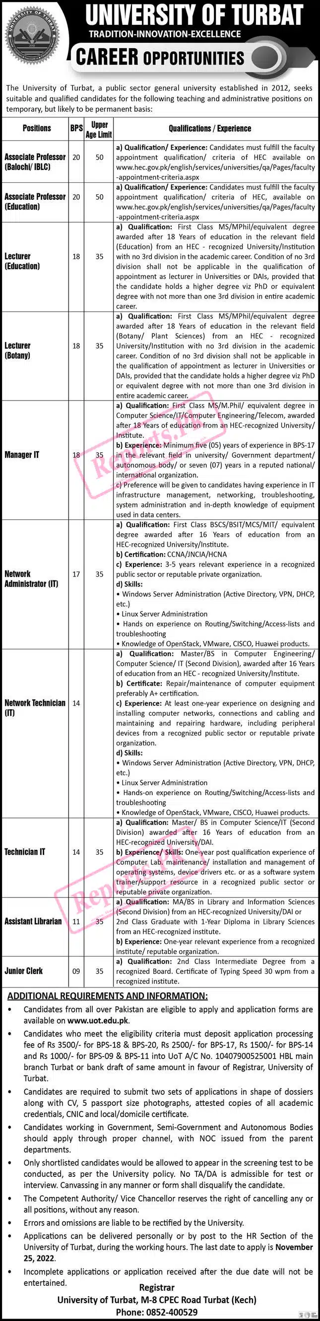 Teaching and Non-Teaching Faculty Required at University of Turbat