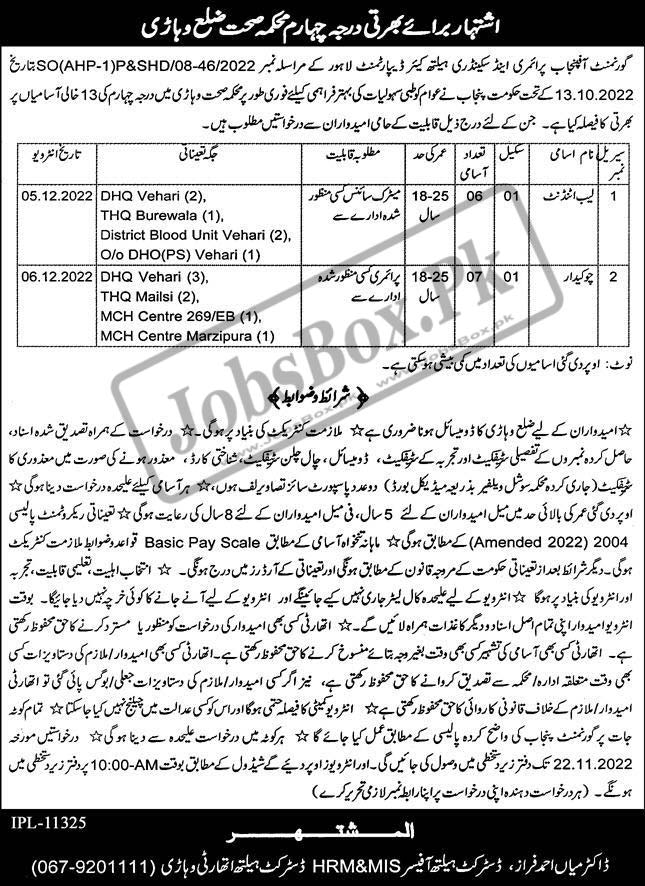 Vehari District Health Authority Class IV Jobs 2022