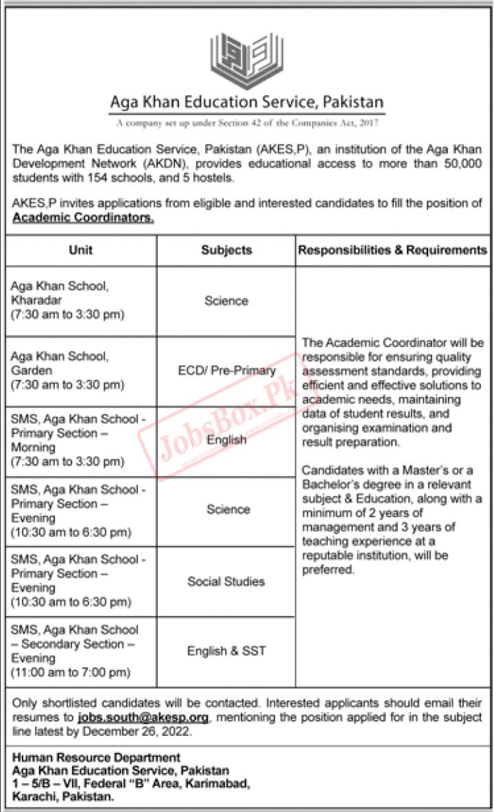 Academic Coordinators Jobs in Aga Khan Schools Karachi