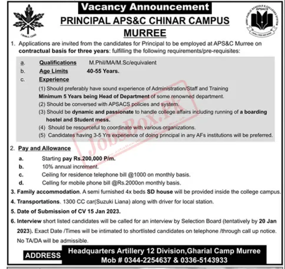 Army Public College Chinar Campus Murree Jobs 2023