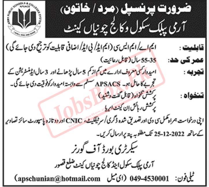 Army Public School and College Chunian Cantt Jobs 2022-23 