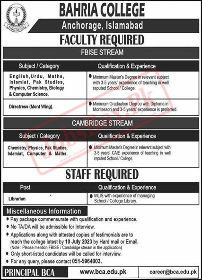 Bahria College Anchorage BCA Islamabad Jobs 2023