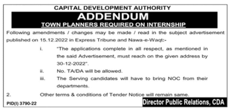 CDA Islamabad Jobs 2022 On Internship Basis Corrigendum Notice