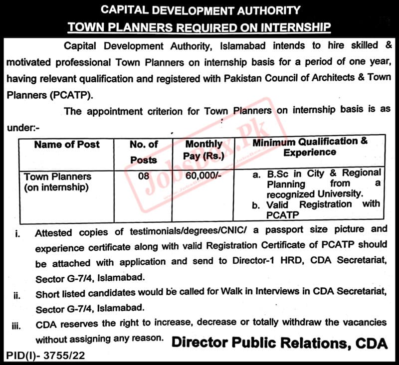 CDA Islamabad Jobs 2022 On Internship Basis