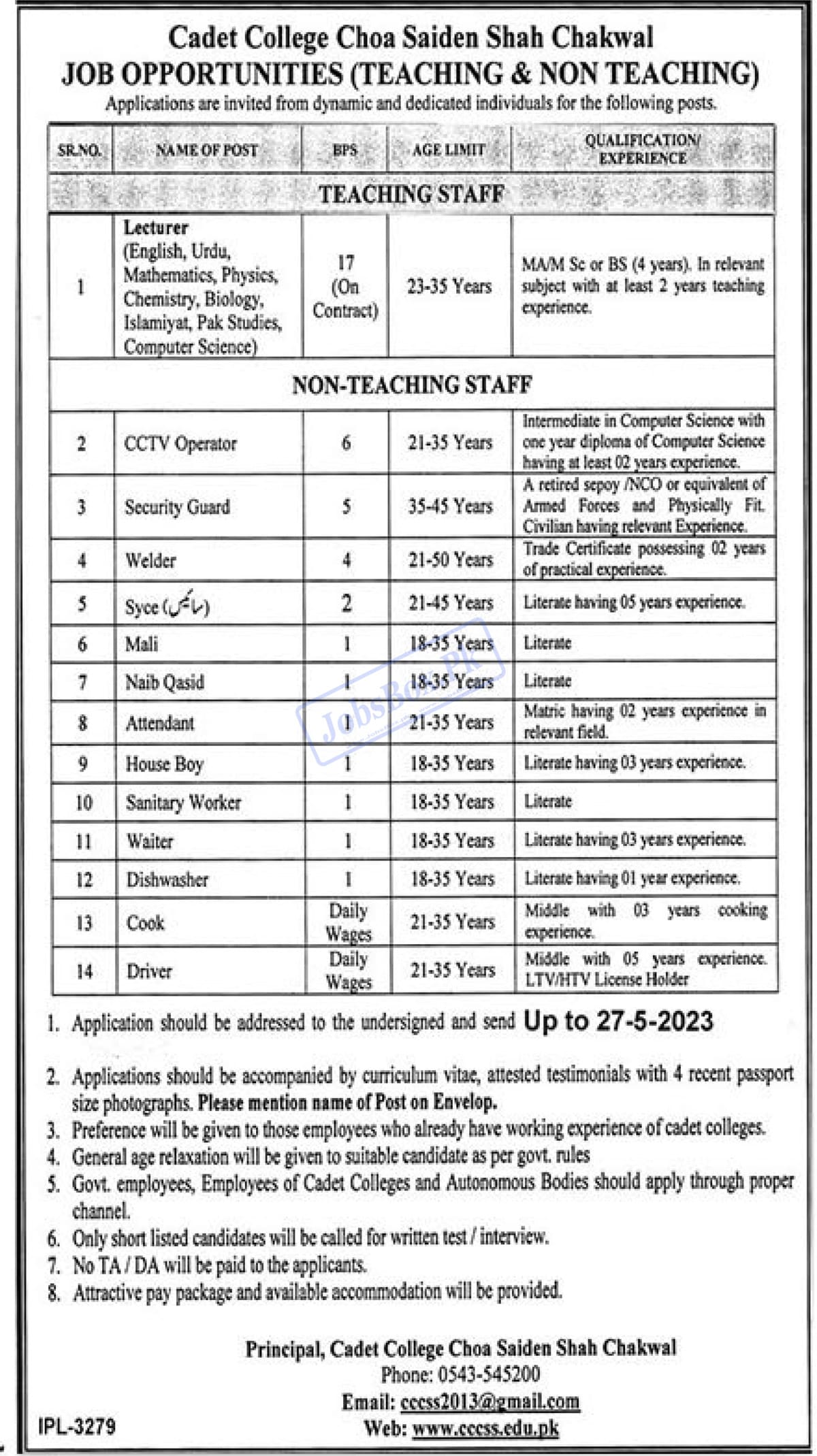 Cadet College Choa Saiden Shah Chakwal Jobs 2023 Advertisement