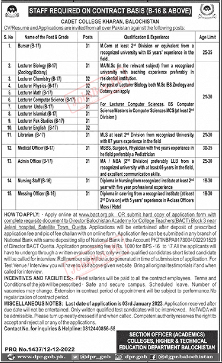 Cadet College Kharan Jobs 2022 | Apply Online at www.bact.org.pk