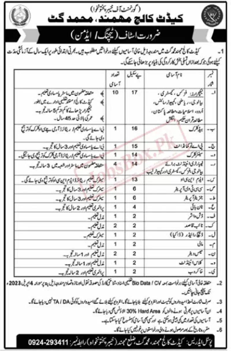 Cadet College Mohmand Jobs 2023 for Teaching and Non-Teaching Staff