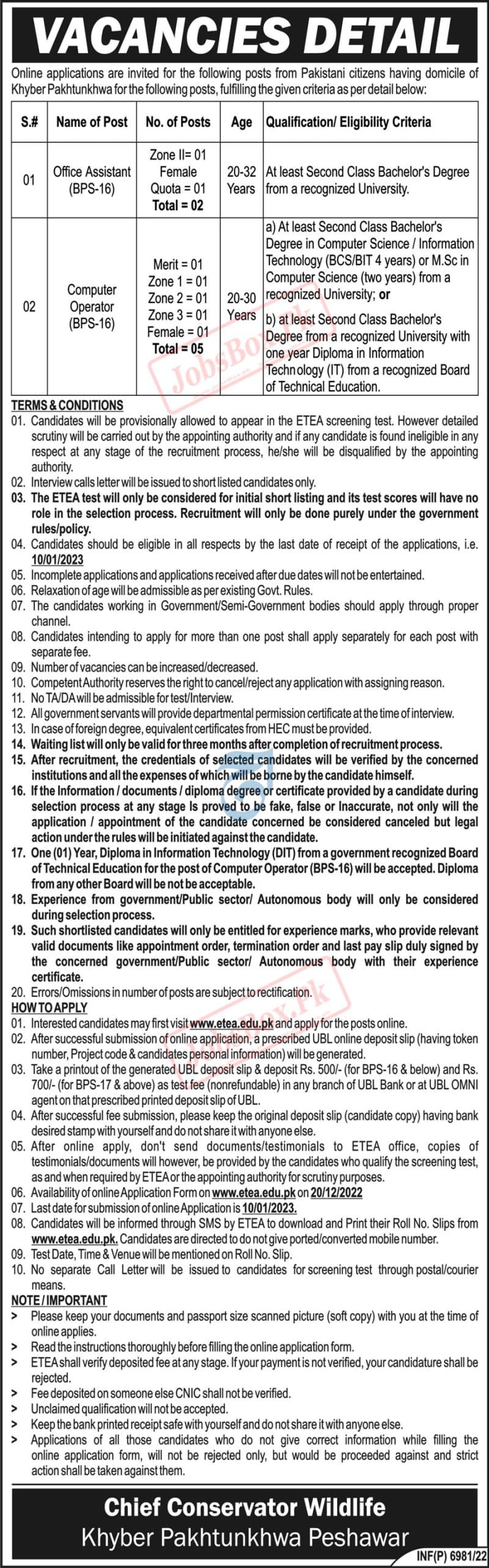 Chief Conservator Wildlife KPK Jobs 2022 - Apply by ETEA Online Form