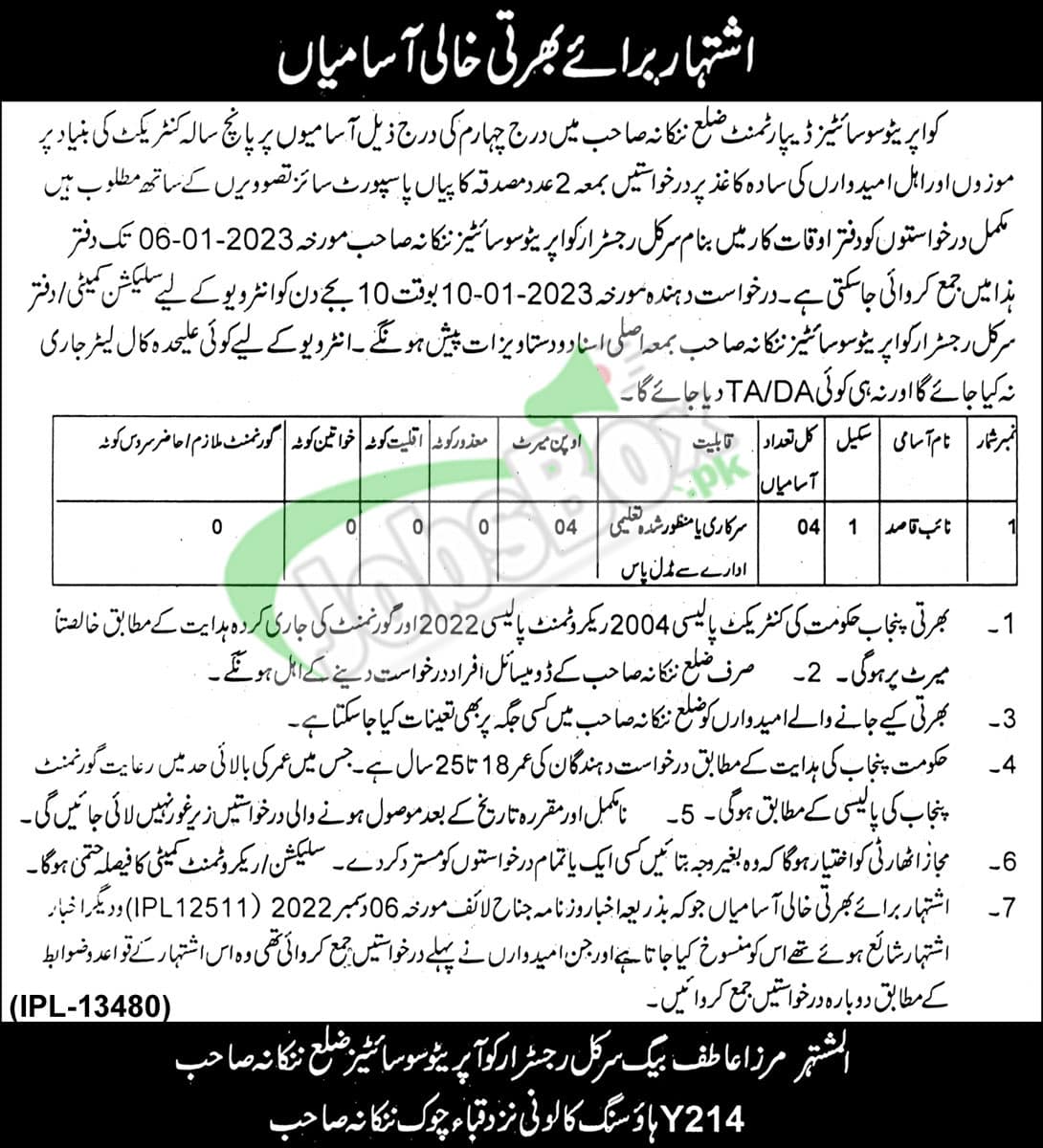 Class IV Jobs 2023 in Nankana Sahib Cooperative Societies