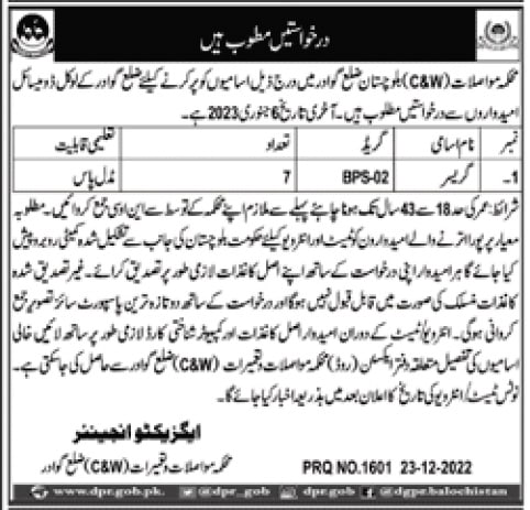 Communication and Works Department Balochistan Jobs 2022-23 for Greasers