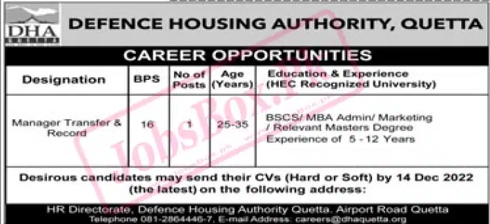 Defence Housing Authority DHA Quetta December Jobs 2022 Latest Career