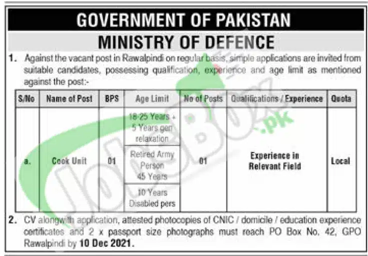 Defence Ministry Jobs 2022 at PO Box No. 42 GPO Rawalpindi