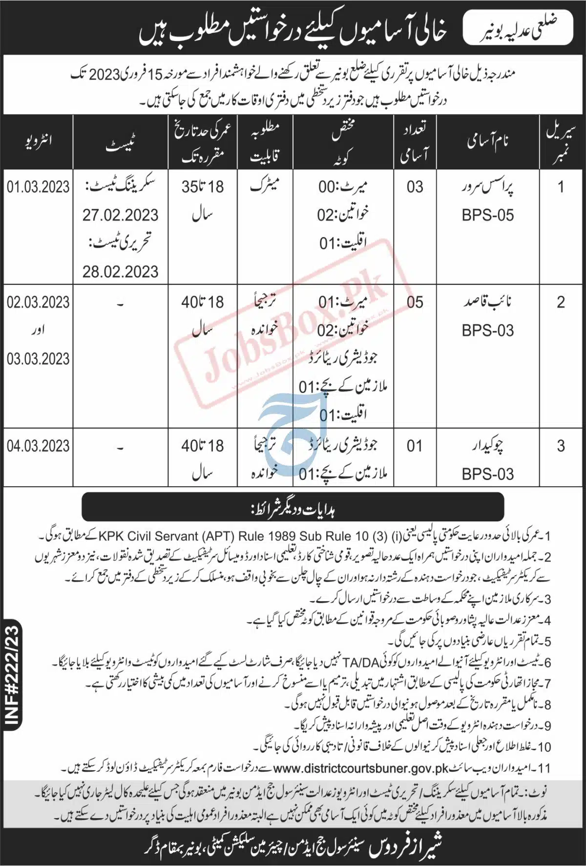 District and Session Courts Buner Jobs 2023 Ad