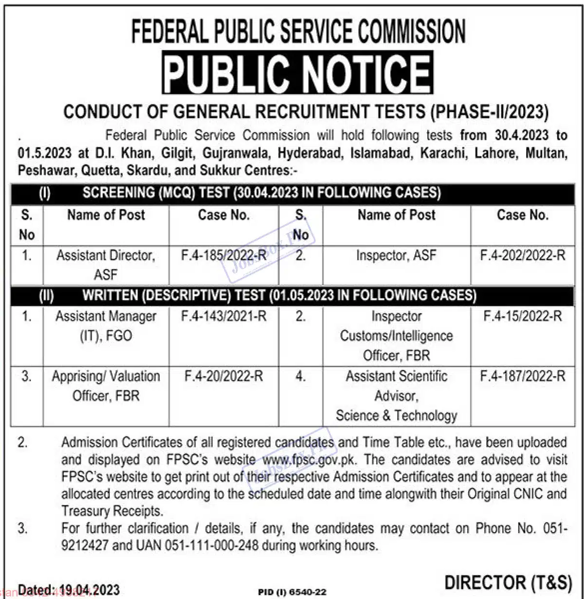 FPSC General Recruitment Tests Phase-II 2023 Schedule