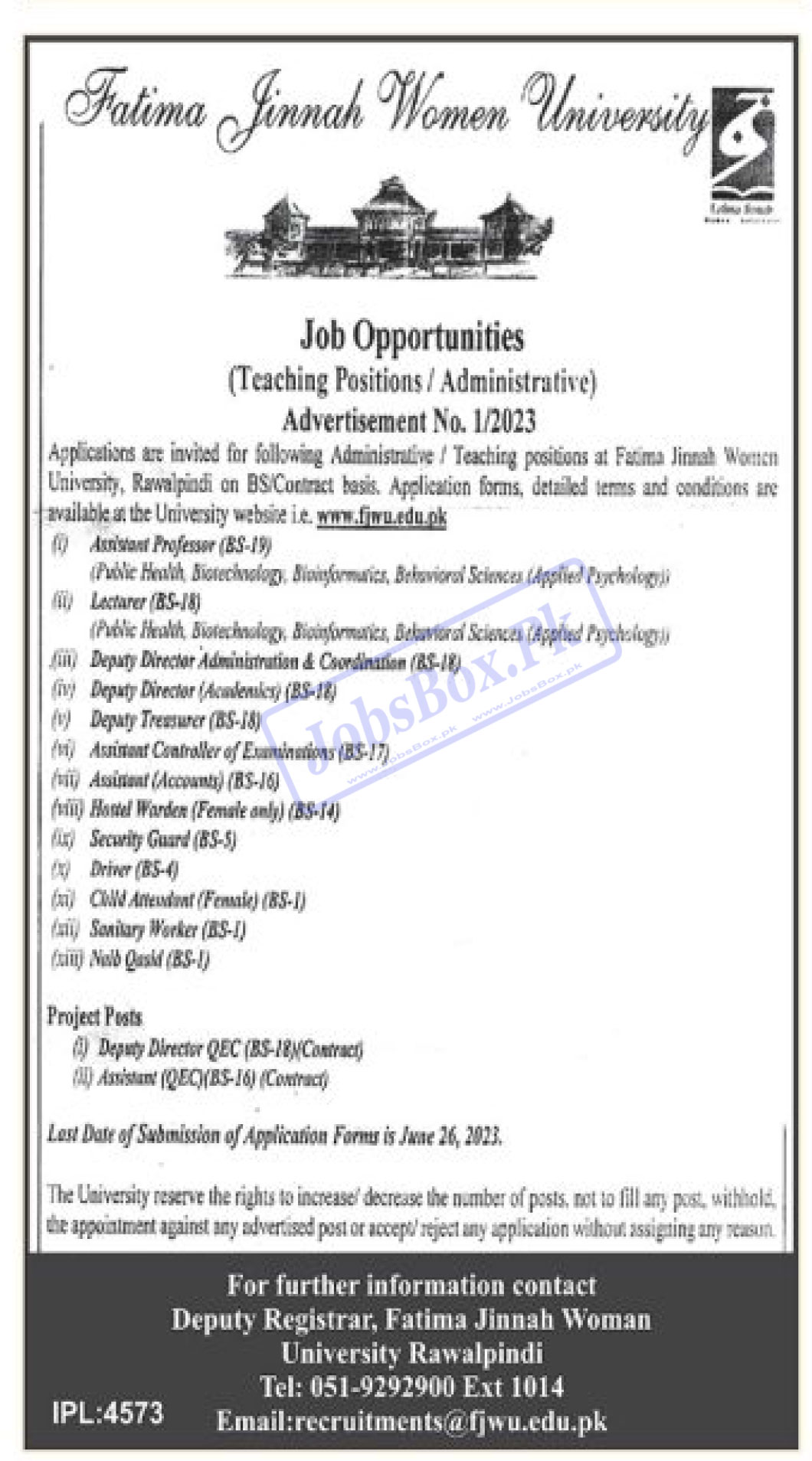 Fatima Jinnah Women University Rawalpindi Jobs 2023 Download Form