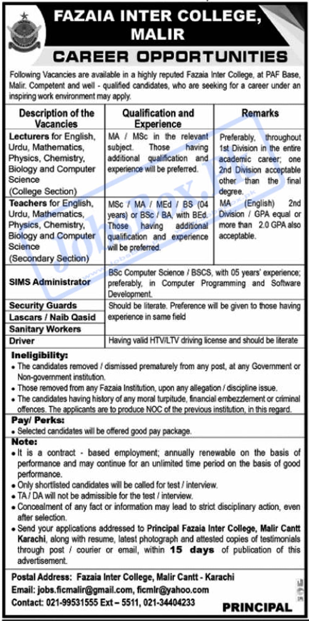 Fazaia Inter College FIC Malir Cantt Karachi Jobs 2023 - Current Openings