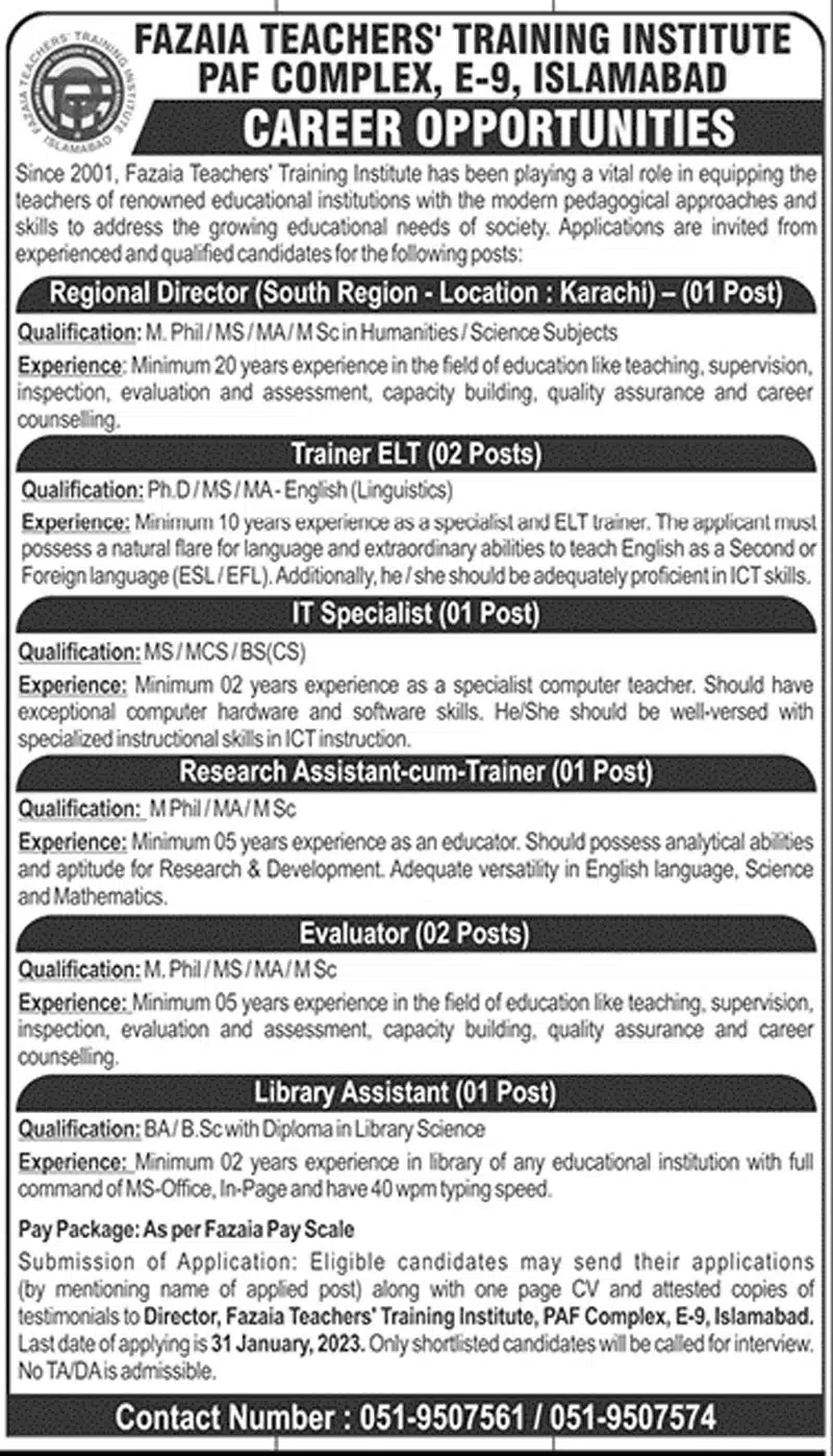Fazaia Teachers Training Institute PAF Complex Islamabad Jobs 2023