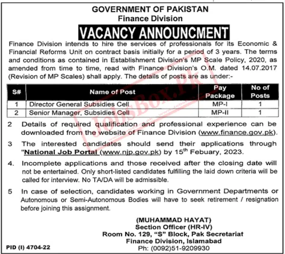 Finance Division Government of Pakistan Jobs 2023 Online Applications