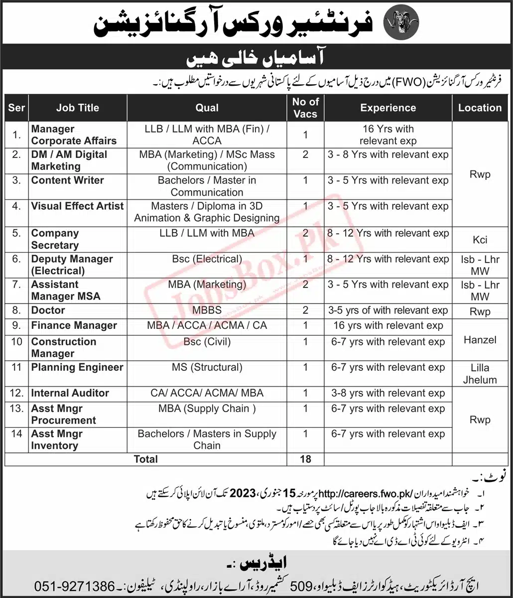 Frontier Works Organization FWO Jobs 2023 - Details available at career.fwo.com.pk