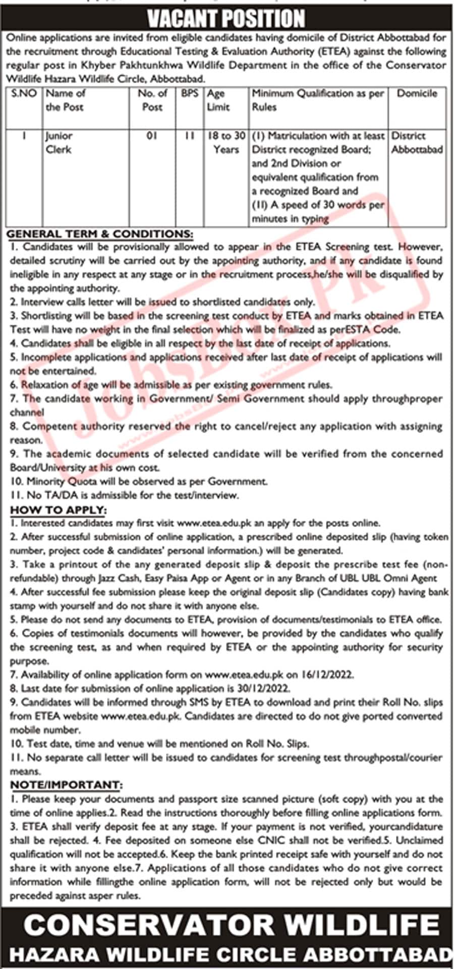 Hazara Wildlife Circle Abbottabad Jobs 2022 for Junior Clerk