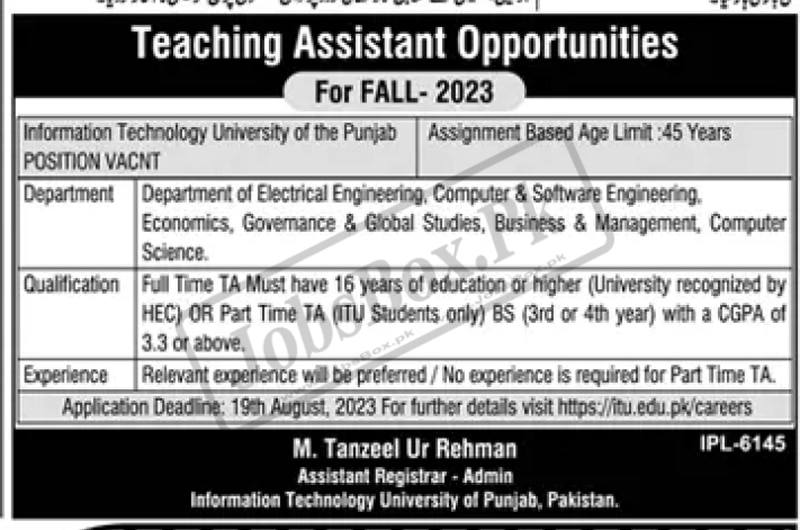 ITU Lahore Jobs 2023 for Teaching Assistants Current Vacancies