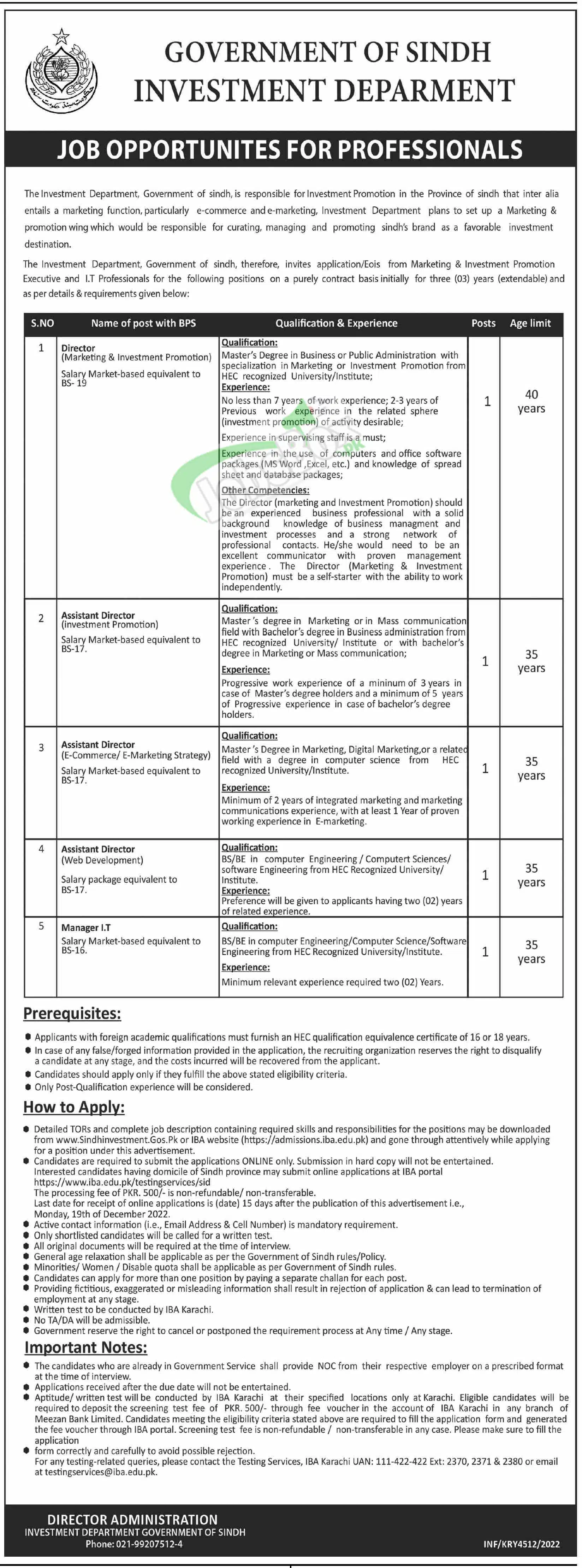 Investment Department Sindh Jobs 2022 | Online Applications
