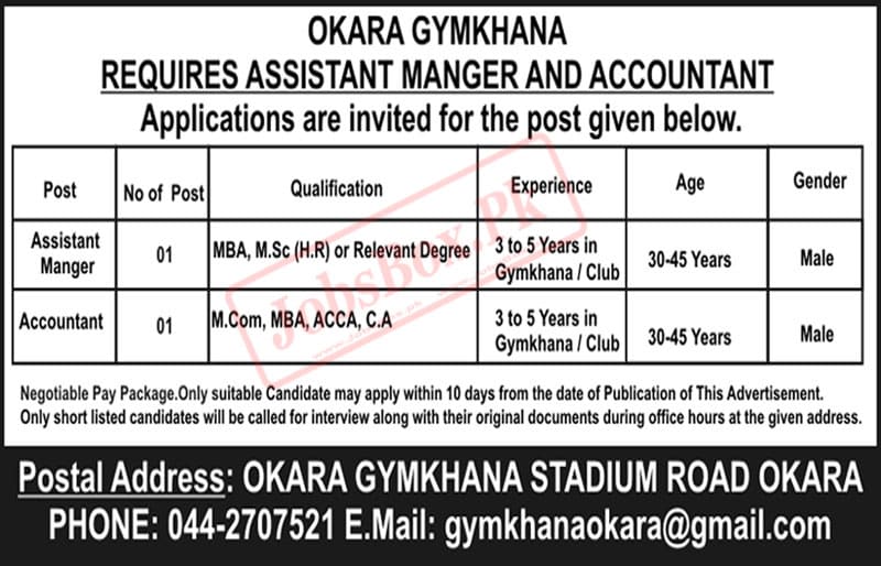 Jobs in Okara for Assistant Manager and Accountant