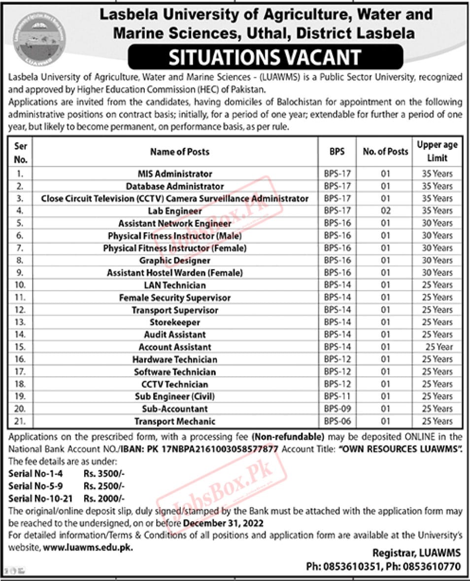 Lasbela University Jobs 2022 Ad