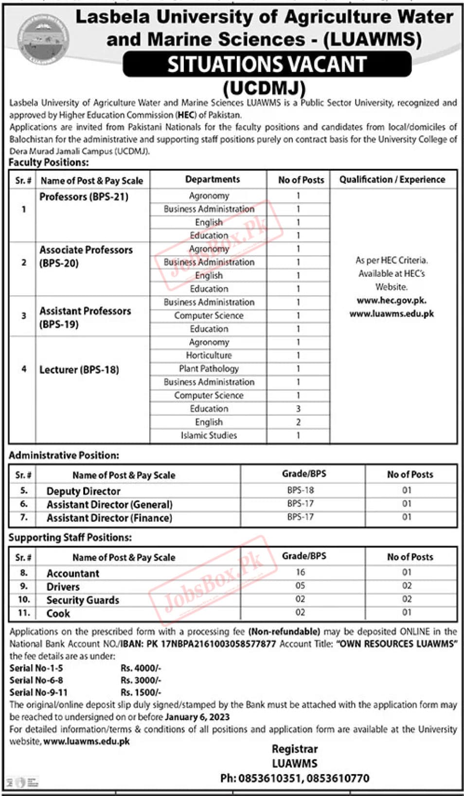 Lasbela University of Agriculture Water and Marine Sciences Jobs 2022