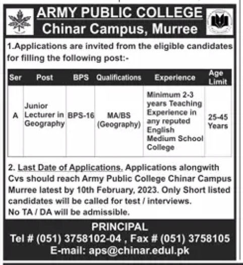 Latest Army Public College Chinar Campus Murree Jobs 2023