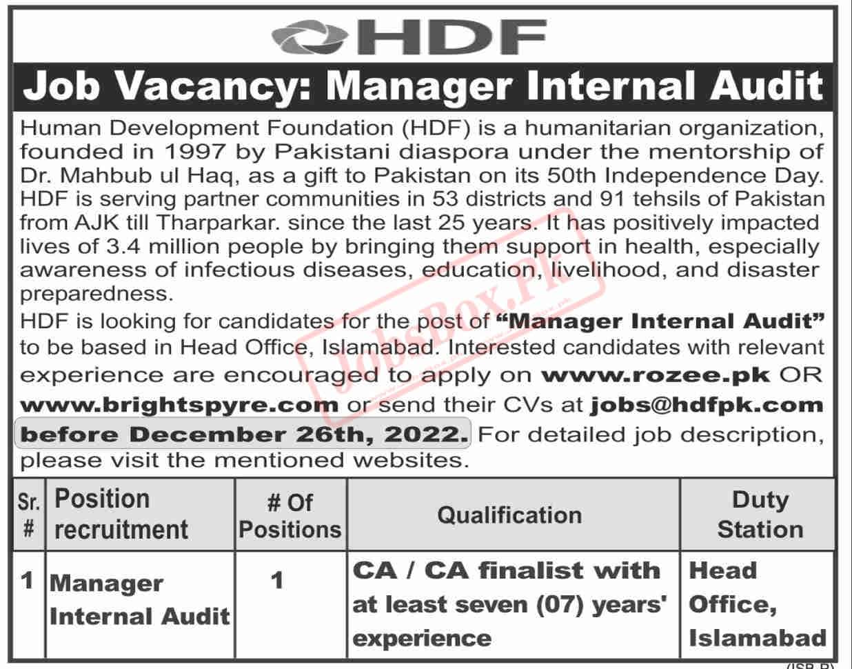 Manager Internal Audit Jobs at HDF Head Office Islamabad