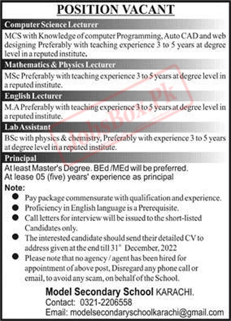 Model Secondary School Karachi Jobs 2022