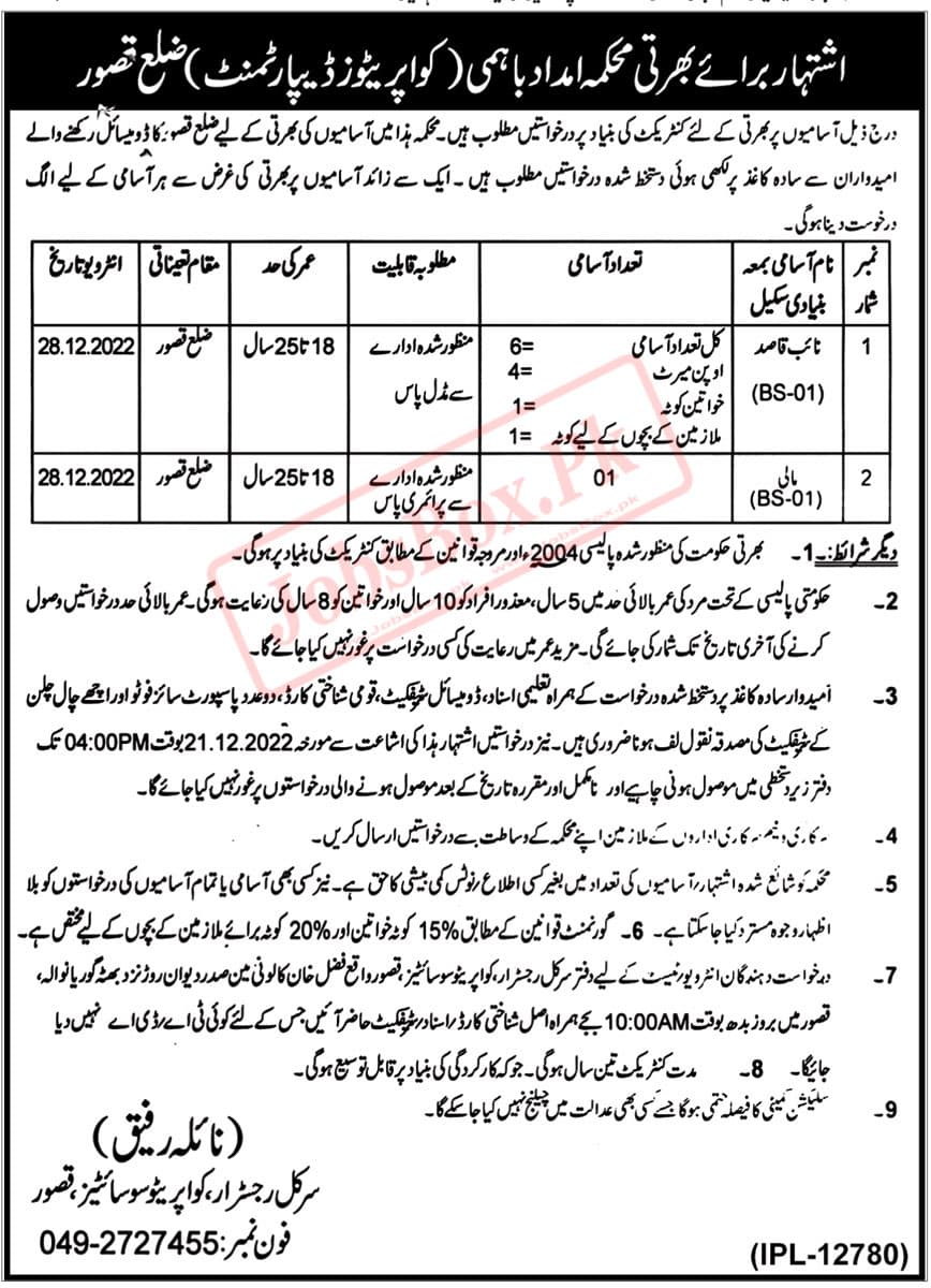 Naib Qasid and Mali Jobs at Cooperative Societies Kasur