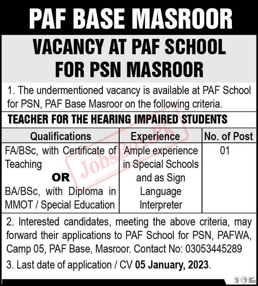 PAF School for PSN PAF Base Masroor Jobs 2023