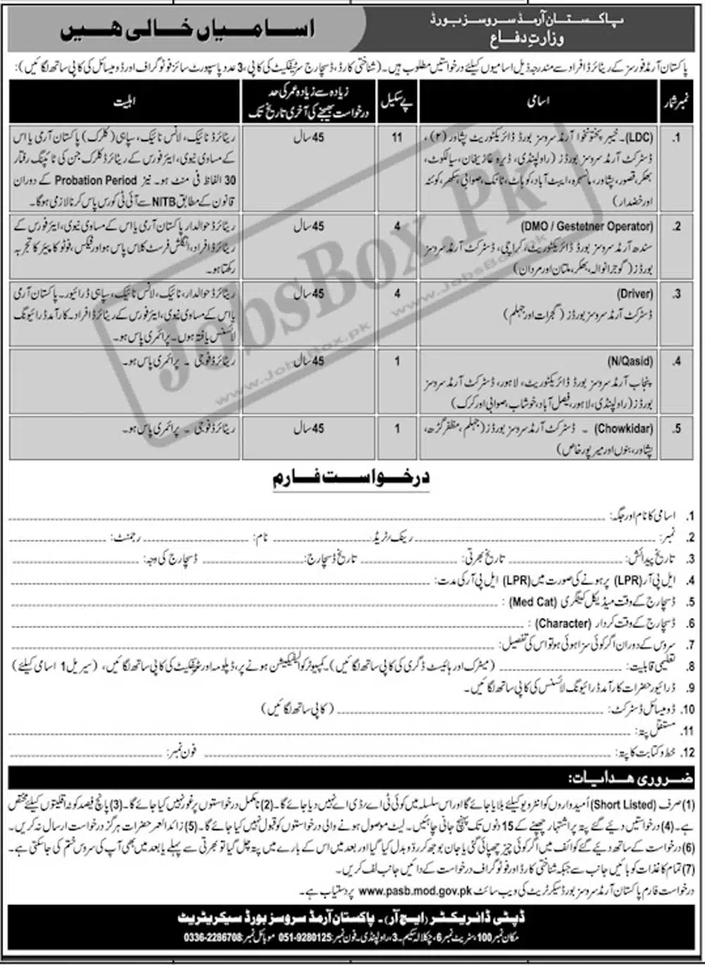 Pakistan Armed Services Board Ministry of Defence Jobs 2023 Current Vacancies