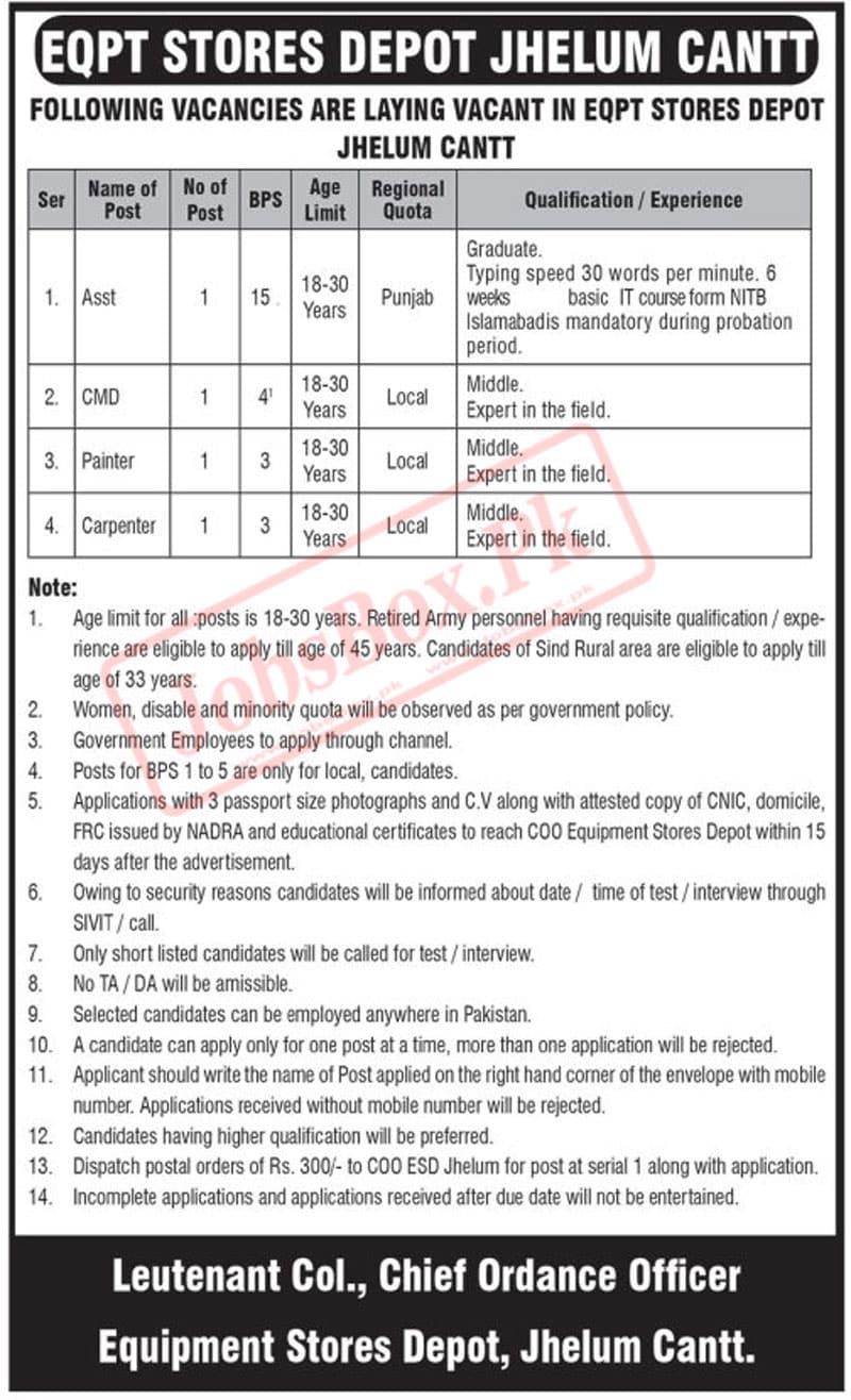 Pakistan Army Equipment Stores Depot ESD Jhelum Jobs 2022