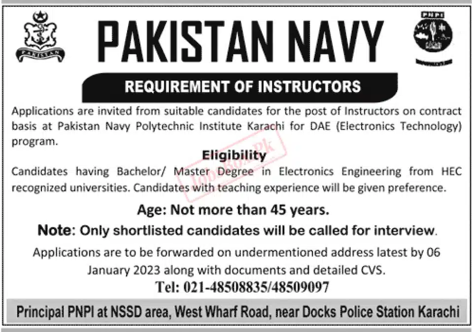 Pakistan Navy Jobs 2022-23 at Polytechnic Institute Karachi