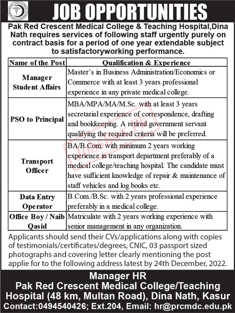 Pakistan Red Crescent Teaching Hospital Kasur Jobs 2022