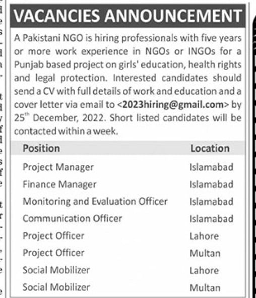 Pakistani NGO Jobs 2022-23  Send Online CVs