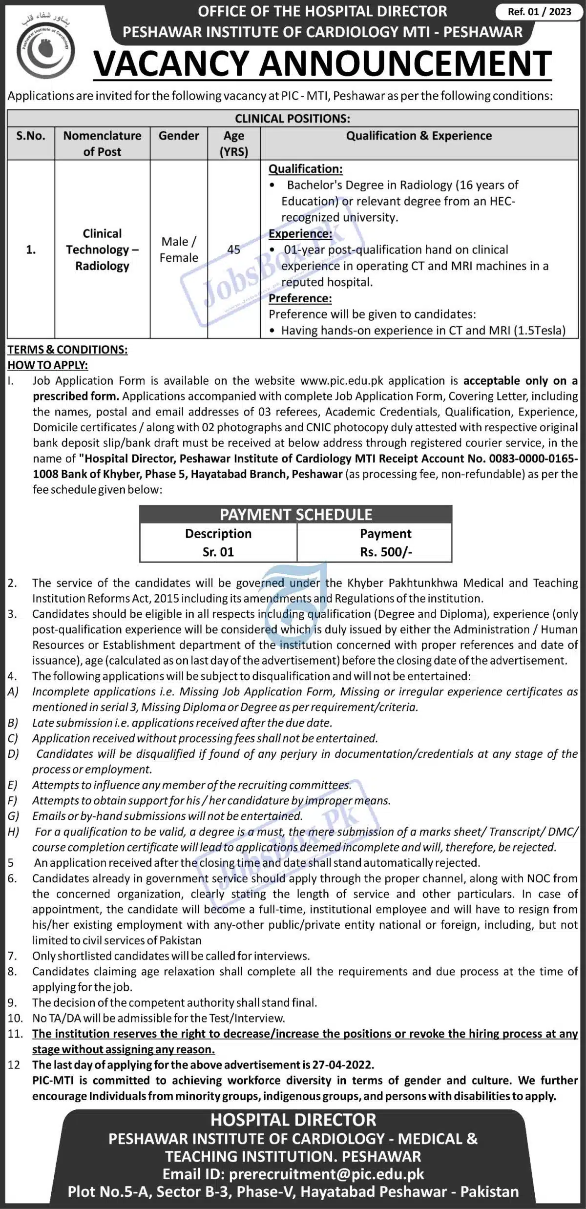 Peshawar Institute of Cardiology PIC Jobs 2023 Download Form