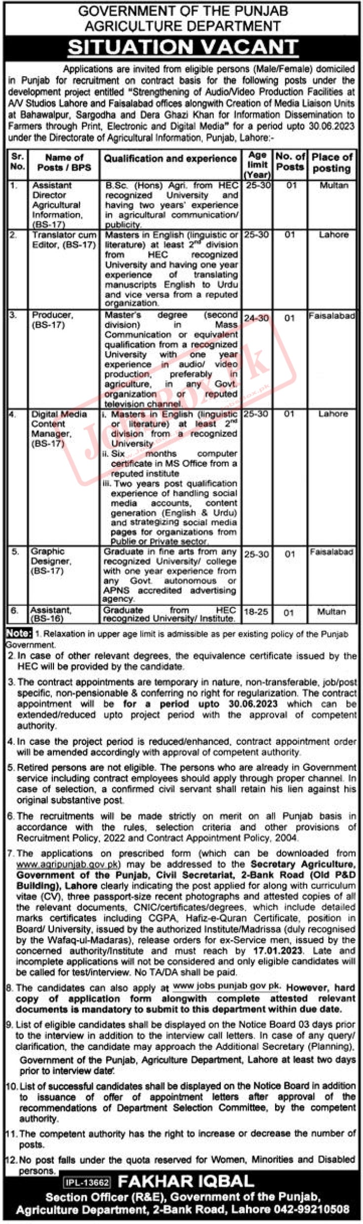 Punjab Govt Jobs 2023 at Agriculture Department