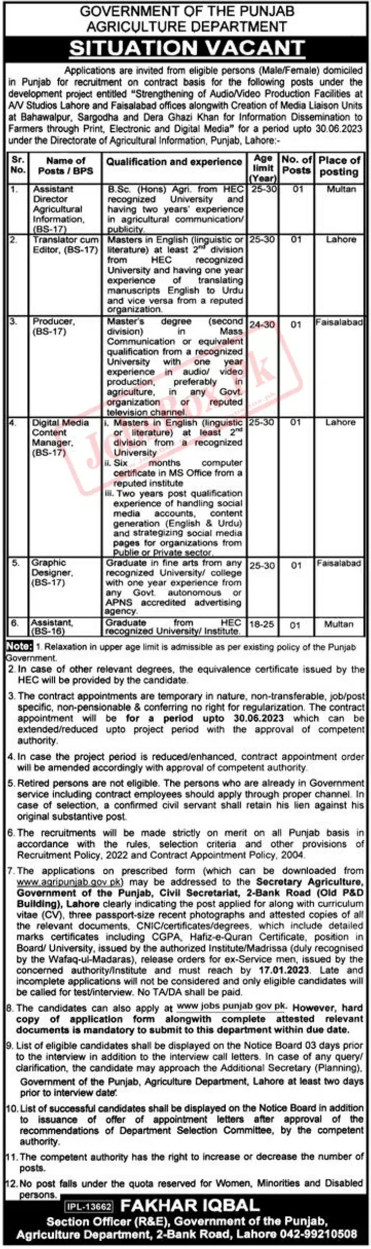 Punjab Govt Jobs 2023 at Agriculture Department
