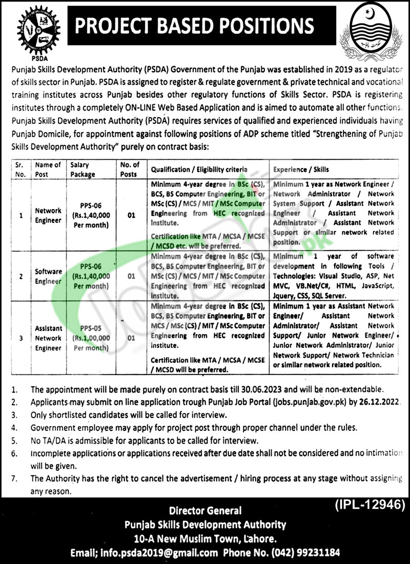 Punjab Skills Development Authority PSDA Jobs 2022