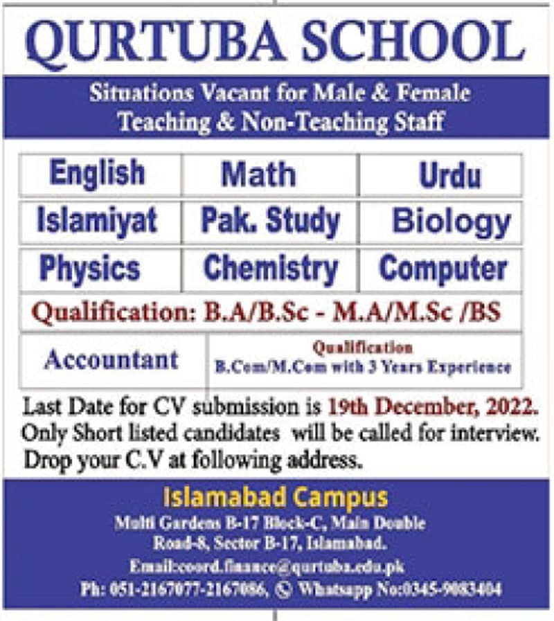 Qurtuba School Islamabad Campus Jobs 2023 