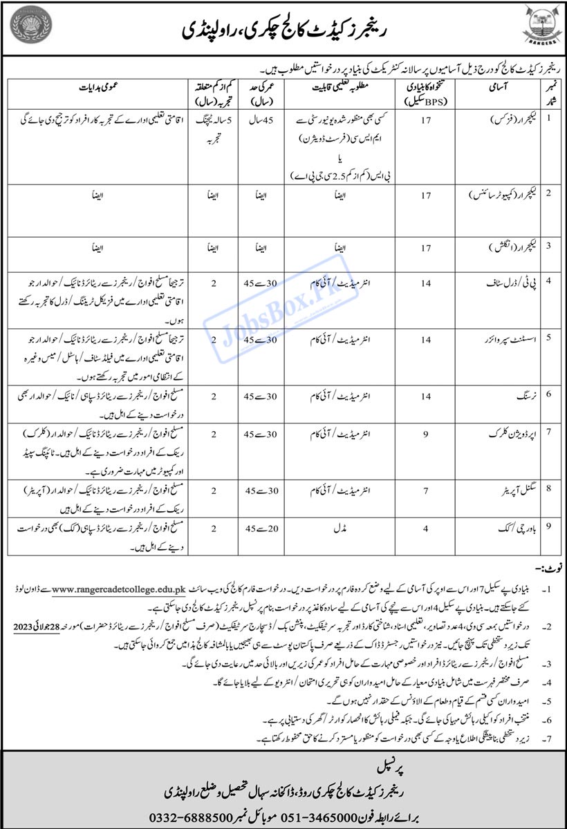 Rangers Cadet College Chakri Rawalpindi Jobs 2023