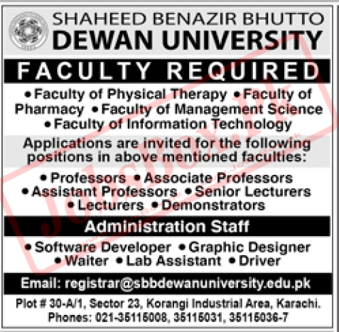 Shaheed Benazir Bhutto Dewan University Karachi Jobs 2023