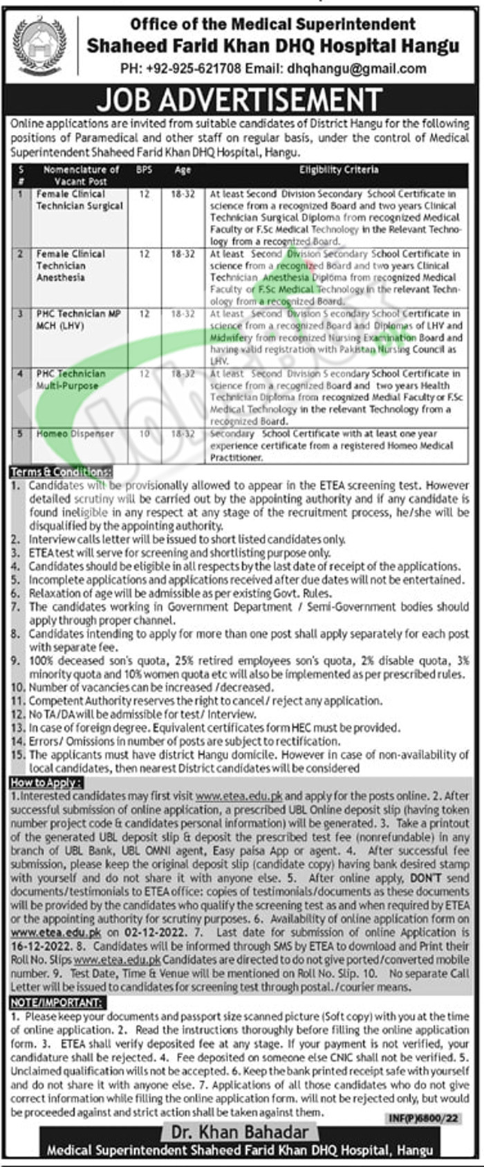 Shaheed Farid Khan DHQ Hospital Hangu Jobs 2022